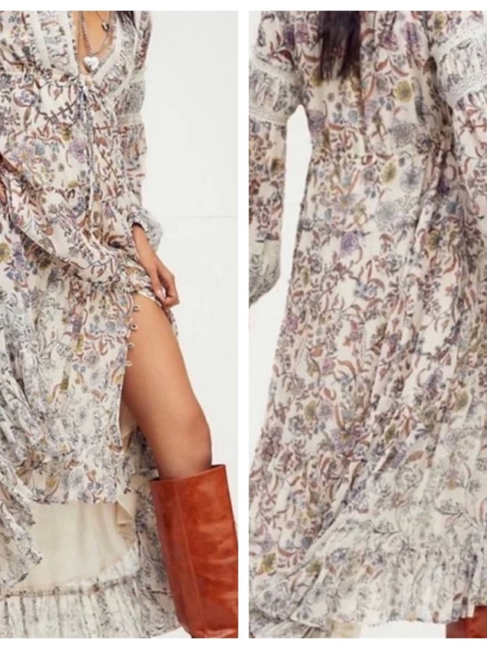 Free People Floral Maxi Dress in Cream with Lavender and Tan Accents